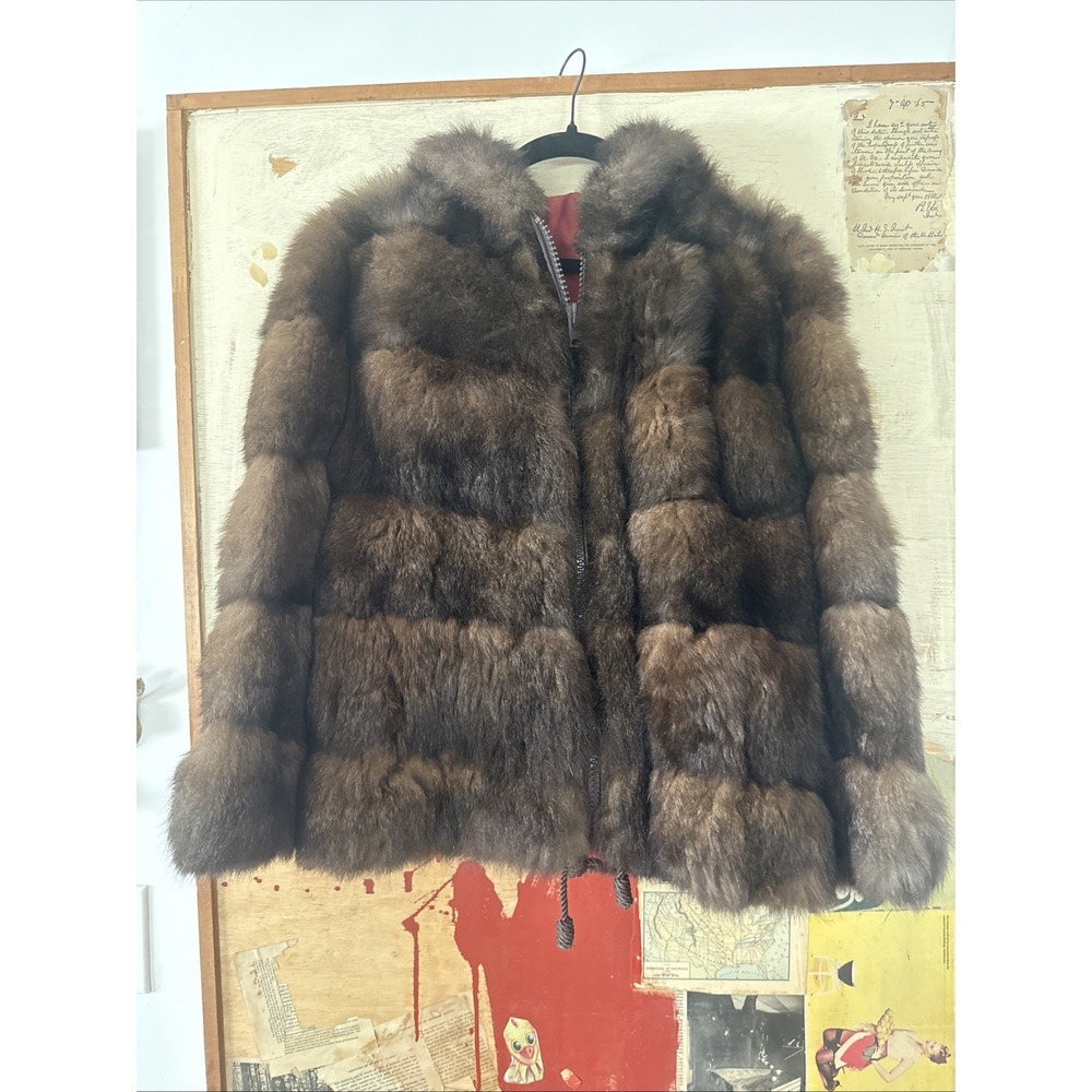 Vintage Hooded Zip Up  Brown Fur Coat Jacket‎ GORGEOUS!
